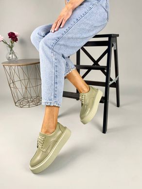 Туфли женские кожаные цвета хаки на шнурках, 36, 23.5