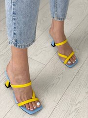 Шлепанцы женские кожаные голубые с желтыми вставками на каблуке, 40, 26