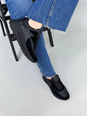 Кроссовки женские кожаные черные с вставками черной замши, 39, 25.5