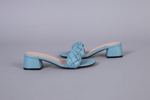 Шлепанцы женские кожаные голубого цвет на каблуке, 41, 27
