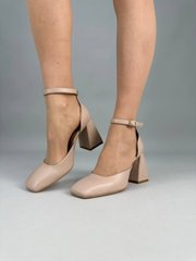 Туфли женские кожаные бежевые на каблуке, 39, 26.5