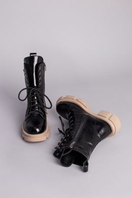 Ботинки женские кожа наплак черные на шнурках и с замком на бежевой подошве зимние, 40, 25.5-26