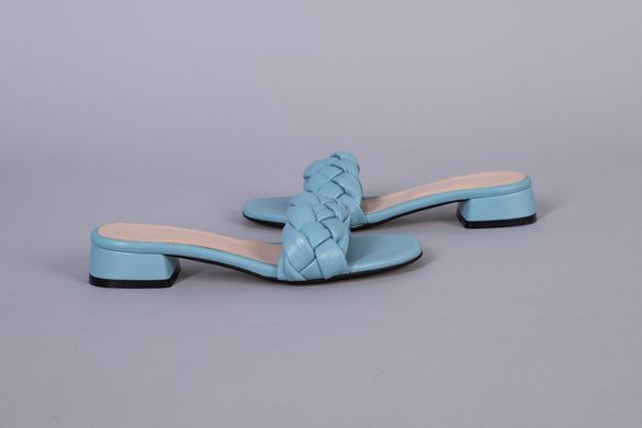 Шлепанцы женские кожаные голубые на каблуке 2 см, 36, 23
