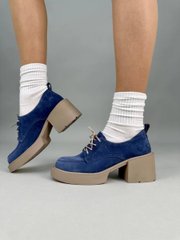Туфлі жіночі замшеві синього кольору на підборах зі шнурівкою, 41, 26.5