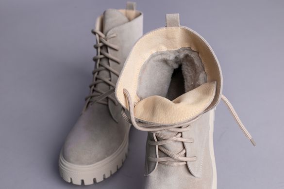 Ботинки женские замшевые бежевые, на шнурках, на меху, 39, 25.5