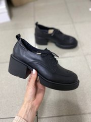 Туфли женские кожаные черного цвета на каблуке со шнуровкой, 40, 25.5-26