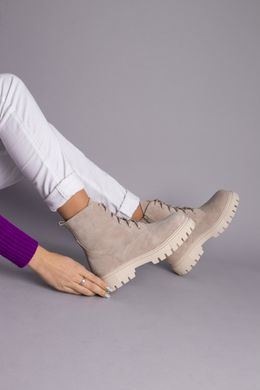 Ботинки женские замшевые бежевые, на шнурках и с замком, на цигейке, 37, 24