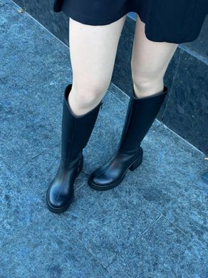 Сапоги женские кожаные черного цвета на каблуке зимние, 41, 26.5