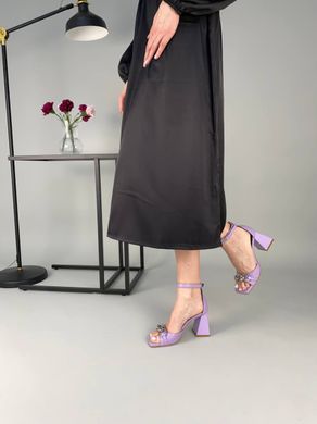 Босоножки женские кожаные лилового цвета с цепочкой на каблуке, 37, 24