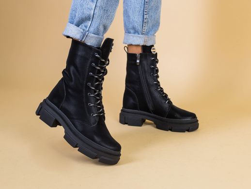 Ботинки женские кожаные черные на шнурках и с замком зимние, 36, 23.5