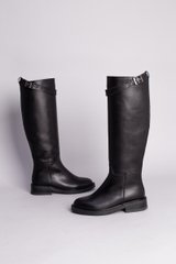 Сапоги женские кожаные черные с ремешком, без каблука, зимние, 40, 26-26.5