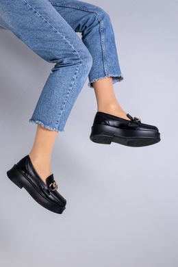 Туфли женские кожаные черного цвета с цепью золотого цвета, 41, 26.5