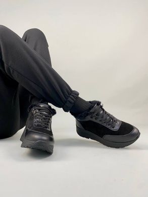 Кросівки жіночі замшеві чорні зі шкіряними вставками зимові, 39, 25.5