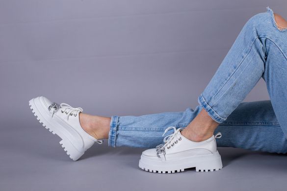 Туфли женские кожаные белые на шнурках и с цепью, 41, 26.5