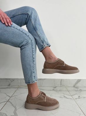 Туфли женские замшевые бежевого цвета на шнурках, 36, 23-23.5