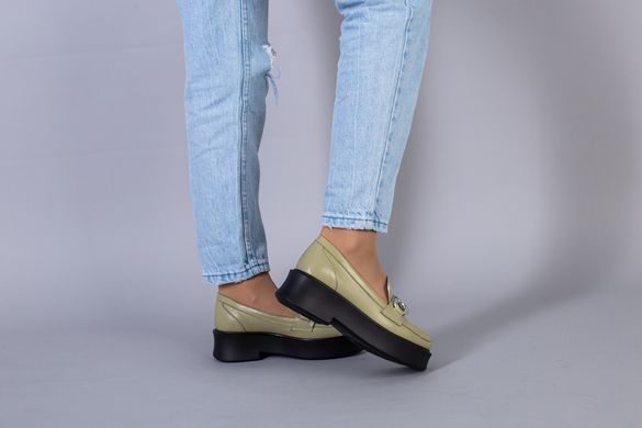 Туфлі жіночі шкіряні кольору хакі з ланцюгом, 41, 26.5