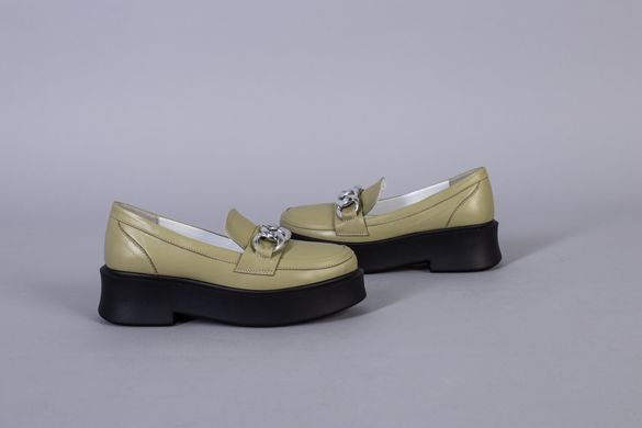 Туфлі жіночі шкіряні кольору хакі з ланцюгом, 41, 26.5