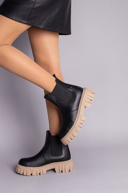 Ботинки женские кожаные черные с резинкой на бежевой подошве, на цигейке, 35, 23