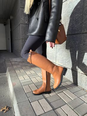 Сапоги женские кожаные коричневого цвета с ремешком, без каблука, демисезонные, 38, 24.5-25