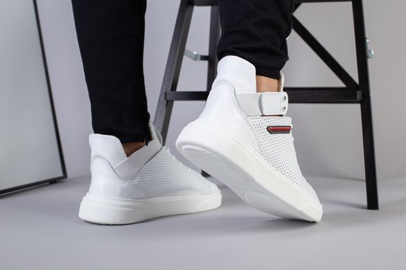 Мужские белые высокие кожаные кроссовки с перфорацией на шнурках и с резинкой, 44, 29.5
