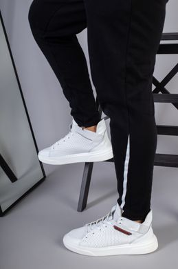 Мужские белые высокие кожаные кроссовки с перфорацией, на шнурках и с резинкой, 45, 30