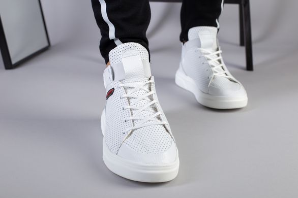 Мужские белые высокие кожаные кроссовки с перфорацией, на шнурках и с резинкой, 45, 30