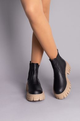 Ботинки женские кожаные черные с резинкой на бежевой подошве, на цигейке, 38, 24.5
